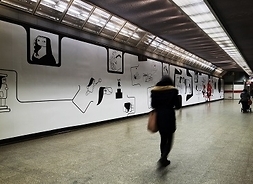Wykonane w konwencji komiksowej rysunki biograficzne Małgorzaty Jabłońskiej w ekspozycji na ścianie metra