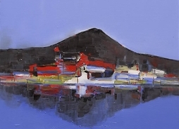 Fotografia obrazu przedstawiającego port z białymi zabudowaniami i górującym nad nim wzgórzem