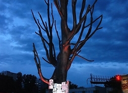Dziedziniec muzeum, a na nim drzewo z tabliczkami nagrobnymi