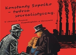 Plakat promujący wystawę przedstawiający rysunkowe postaci latarnika, mężczyzny z pistoletem i mężczyzny pochylającego się nad płaczącą kobietą