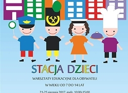 Plakat zapraszające na imprezę z rysunkiem dzieci w różnych rolach zawodowych