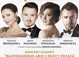Plakat zapowiadający imprezę ze zdjęciami czworga solistów w strojach estradowych