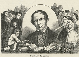 Rysunek przedstawiający portret autora bajek w otoczeniu miniaturowych dzieci i leżących przed nim książek