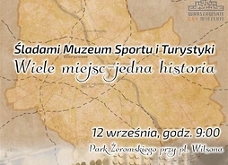 Plakat zapraszający na imprezę z ilustracją w postaci mapy Warszawy i ściany z medalami olimpijskimi