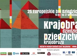 Plakat zapraszający na Europejskie Dni Dziedzictwa z motywem symbolicznie przedstawionych budynków miasta