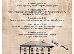 Plakat zapraszający na imprezę z rysunkiem budynku muzeum i motywem menory