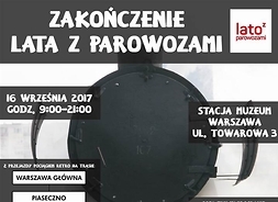 Plakat reklamujący imprezę z głównym motywem fotografii zabytkowej lokomotywy od przodu