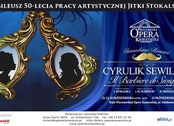Plakat zapraszający na spektakl, przedstawiający dwa medaliony z konturami postaci