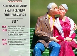Plakat zapraszający na imprezę z figurkami staruszków