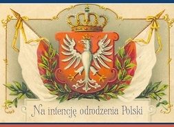Plakat zapraszający na konferencję z rysunkiem sprzed wieku godła Polski otoczonego flagami