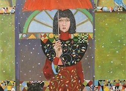 Obraz przedstawiający kobietę z parasolem w bardzo ozdobnym stroju