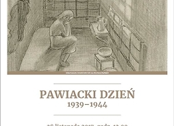 Plakat zapraszający na wystawę z rysunkiem kobiety zamkniętej w pojedynczej, ciasnej, ubogo wyposażonej celi