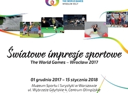 Plakat zapraszający na wystawę, ze zdjęciami z różnych dyscyplin: snookera, wspinaczki skałkowej, narciarstwa wodnego, freesbe i piłki ręcznej plażowej
