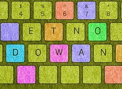 Plakat zapraszający na wystawę z fotomontażem klawiatury komputerowej na której litery układają się w napis „etnokodowanie”