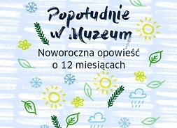Plakat zapraszający na imprezę z motywami graficznymi symbolizującymi pory roku – słoneczko, chmurka, listek i śnieżynka
