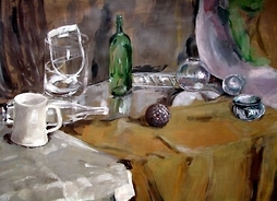 Obraz martwej natury przedstawiający naczynia kuchenne – dwie butelki, szklankę w wazonie, kufel, tarkę i miseczki