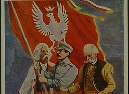 Karta pocztowa z rysunkiem: chłop, szlachcic i żołnierz pod flagą z orłem