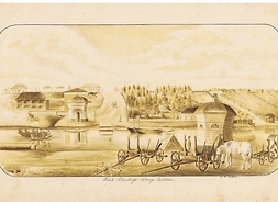 Rysunek stojącej nad rzeką warzelni solnej. Przed nią wyprzęgnięty koń i puste wozy. W tle na drugim brzegu panorama Usoli