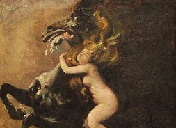 Obraz przedstawiający nagą kobietę uczepioną szyi stojącego dęba spienionego rumaka
