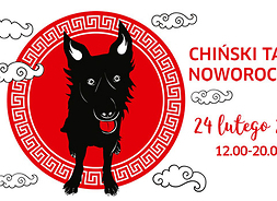 Plakat zapraszający na targ z rysunkiem psa na tle koła z chińskimi wzorami ludowymi