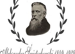 Logo konkursu przedstawiające zdjęcie głowy Aleksandra Świętochowskiego w otoczeniu namalowanego wieńca laurowego