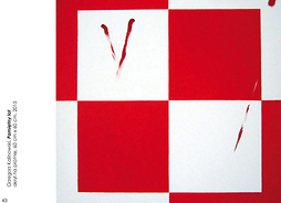 Obraz przedstawiający szachownicę w barwach narodowych jak na samolocie, ubrudzoną śladami krwi