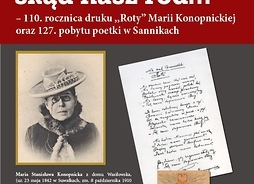 Plakat zapraszający na wystawę ze zdjęciem poetki w kapeluszu i rękopisem oraz pierwszym wydrukiem Roty