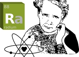 Rysunek portretowy Marii Skłodowskiej-Curie i symbolu odkrytego przez nią pierwiastka radu