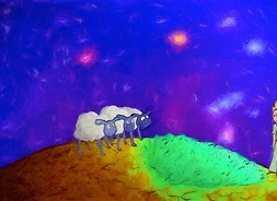Ilustracja do bajki Saint-Exupery’ego Mały Książę na małej planetce spotyka trzy owce
