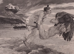Grafika przedstawiająca nagiego mężczyznę ze skrzydłami przy kostkach nóg i orła niosących w powietrzu innego nieprzytomnego, nagiego mężczyznę