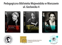 Plakat zapraszający na imprezę ze zdjęciami okładek książek o Skłodowskiej-Curie, Joliot-Curie i Meitner