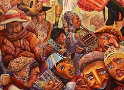 Rysunek ludzi ubranych w tradycyjne stroje indiańskie Inków. Dwoje ludzi z gitarami, jedna pije z kubka