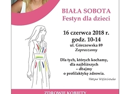 Plakat zapraszający na imprezę ze zdjęciem Martyny Wojciechowskiej, rysunkiem kobiety i hasłem „Pierwsza w Polsce nowoczesna, kompleksowa opieka onkologiczna kobiet”