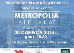 Plakat zapraszający na imprezę ze zdjęciem wieżowców w centrum Warszawy w tle i znaczkami, m.in. 20 lat samorządu województwa mazowieckiego