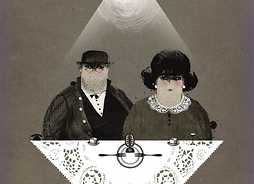 Plakat przedstawiający w graficznej formie kobietę i mężczyznę siedzących przy stole