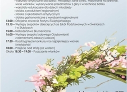 Plakat zapraszający na imprezę z rysunkiem fragmentu kwiatowego wianka i programem wydarzeń