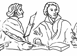 Rysunek przedstawiający stylizowane popiersia poetów z epoki. Maironis i Puszkin czytają książki, Rainis siedzi przed świeczką, Mickiewicz ma pióro i papier w rękach, Kupała filiżankę