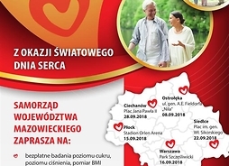 Plakat zapraszający na imprezę ze zdjęciami uśmiechniętych rodzin, rysunkiem symbolicznym serca i mapą Mazowsza z zaznaczonymi miejscami akcji: Ostrołęką, Ciechanowem, Płockiem, Siedlcami, Warszawą i Radomiem