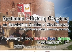 Plakat zapraszający na imprezę ze zdjęciem dziedzińca Zamku Książąt Mazowieckich