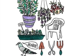 Plakat zapraszający na imprezę z rysunkami kwiatów w doniczkach, plastikowego krzesła, narzędzi ogrodniczych i gołębia z dymkiem komiksowym z napisem „Gruhuu!”