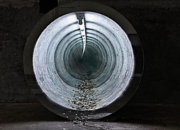 Obraz przedstawiający betonową długą rurę, podświetloną u góry świetlówkami, z dużą liczbą drobnych śmieci na dole