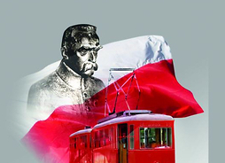 Plakat zapraszający na imprezę z rysunkiem marszałka Józefa Piłsudskiego i polskiej flagi