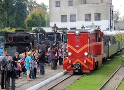 Stacja kolei wąskotorowej w Sochaczewie. Na pierwszym planie pociąg retro z elektryczną lokomotywą, dalej peron pełen turystów i kolejny tor z zabytkowymi parowozami