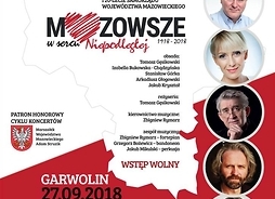 Plakat zapraszający na imprezę ze zdjęciami artystów i stylizowanym napisem Mazowsze, w którym litera „a” zamieniona jest w czerwone serce