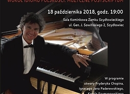 Plakat zapraszający na imprezę ze zdjęciem pianisty we wraku, z muszką, siedzącego przy instrumencie