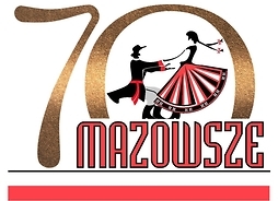 Logo jubileuszu zespołu „Mazowsze” przedstawiające rysunek tańczącej pary w symbolicznych strojach ludowych, liczbę 70 i pasek w narodowych barwach