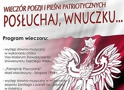 Plakat z motywem graficznym flagi i godła Polski