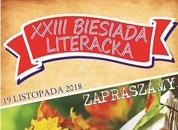 Plakat zapraszający na imprezę ze zdjęciem rozłożonej książki na której leżą liście klonu w jesiennych barwach