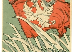 Rysunek czerwonej flagi z polskim orłem i kosami postawionymi na sztorc