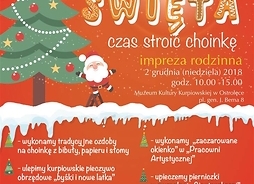 Plakat z rysunkiem św. Mikołaja, ustrojonej choinki i piernikowej chatki